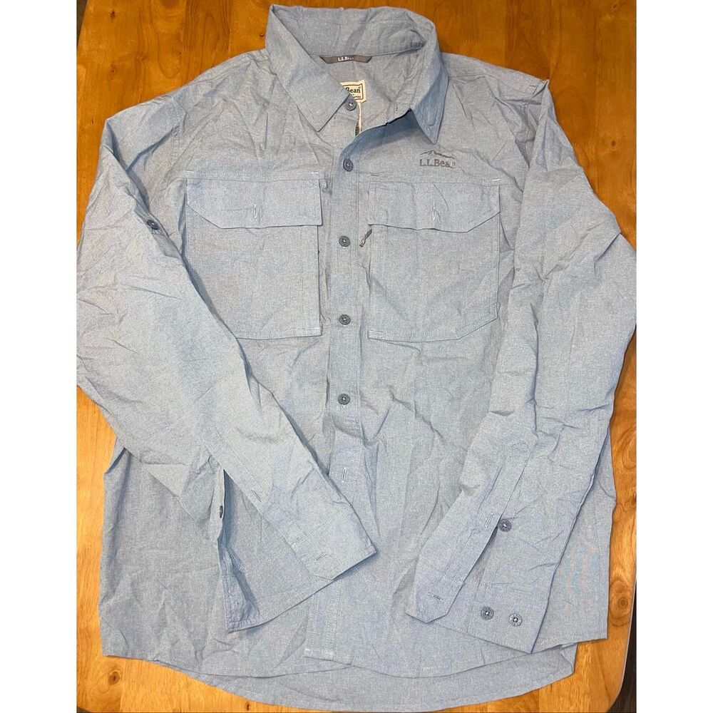 LL Bean Shirt Mens Large Blue Button Down Outdoor Hiking Quick Dry‎ Nylon Blend